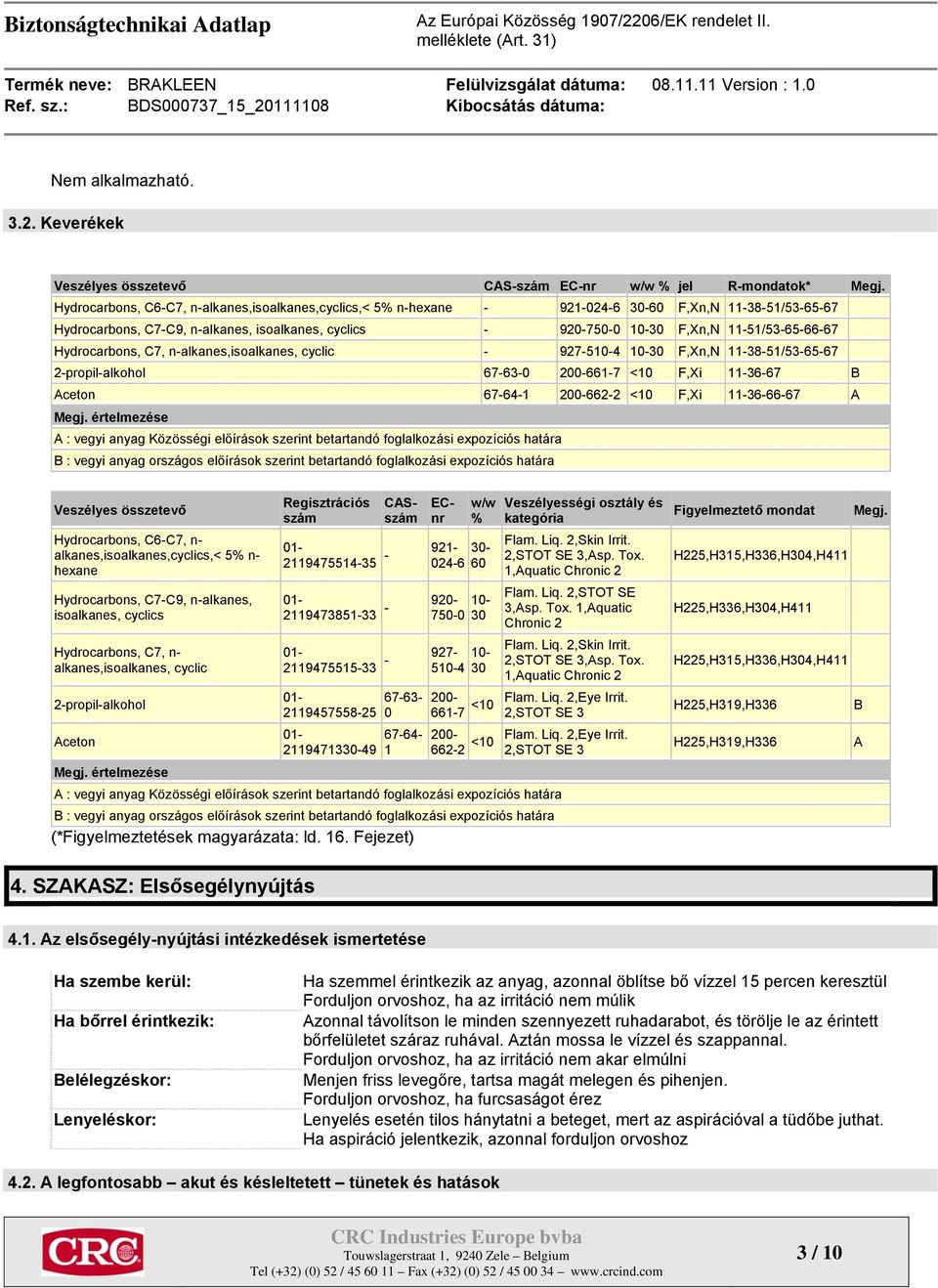 11-51/53-65-66-67 Hydrocarbons, C7, n-alkanes,isoalkanes, cyclic - 927-510-4 10-30 F,Xn,N 11-38-51/53-65-67 2-propil-alkohol 67-63-0 200-661-7 <10 F,Xi 11-36-67 B Aceton 67-64-1 200-662-2 <10 F,Xi