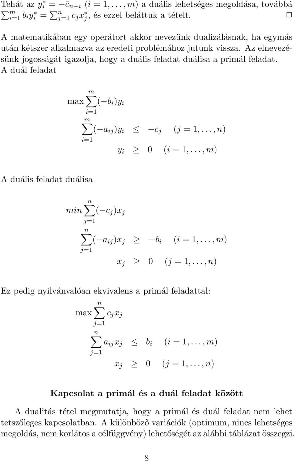 Az elnevezésünk jogosságát igazolja, hogy a duális feladat duálisa a primál feladat. A duál feladat m max ( b i )y i m ( a ij )y i c j (j = 1,..., n) y i 0 (i = 1,.