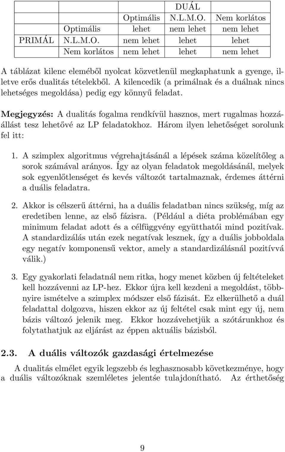 Megjegyzés: A dualitás fogalma rendkívül hasznos, mert rugalmas hozzáállást tesz lehetővé az LP feladatokhoz. Három ilyen lehetőséget sorolunk fel itt: 1.