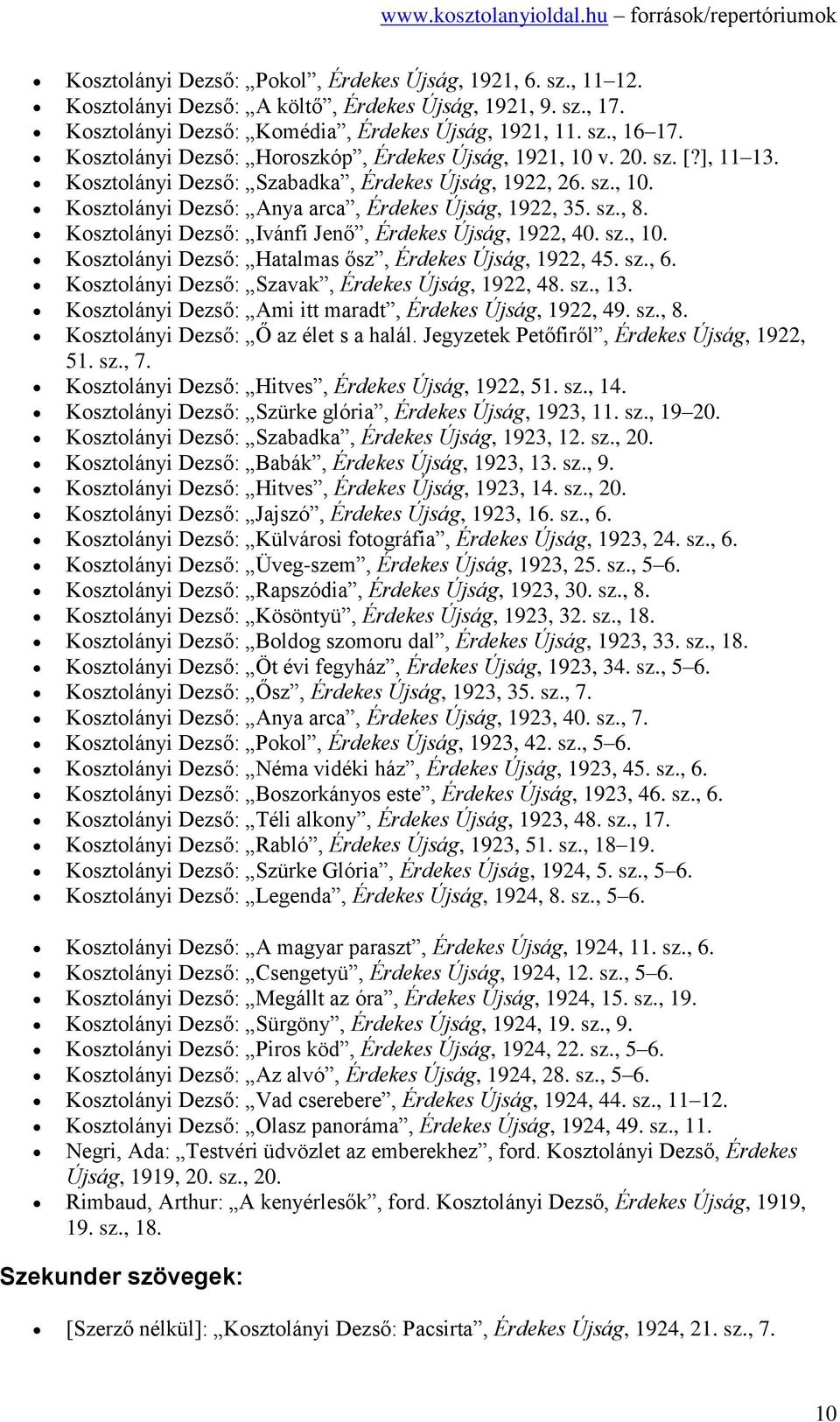 Kosztolányi Dezső: Ivánfi Jenő, Érdekes Újság, 1922, 40. sz., 10. Kosztolányi Dezső: Hatalmas ősz, Érdekes Újság, 1922, 45. sz., 6. Kosztolányi Dezső: Szavak, Érdekes Újság, 1922, 48. sz., 13.