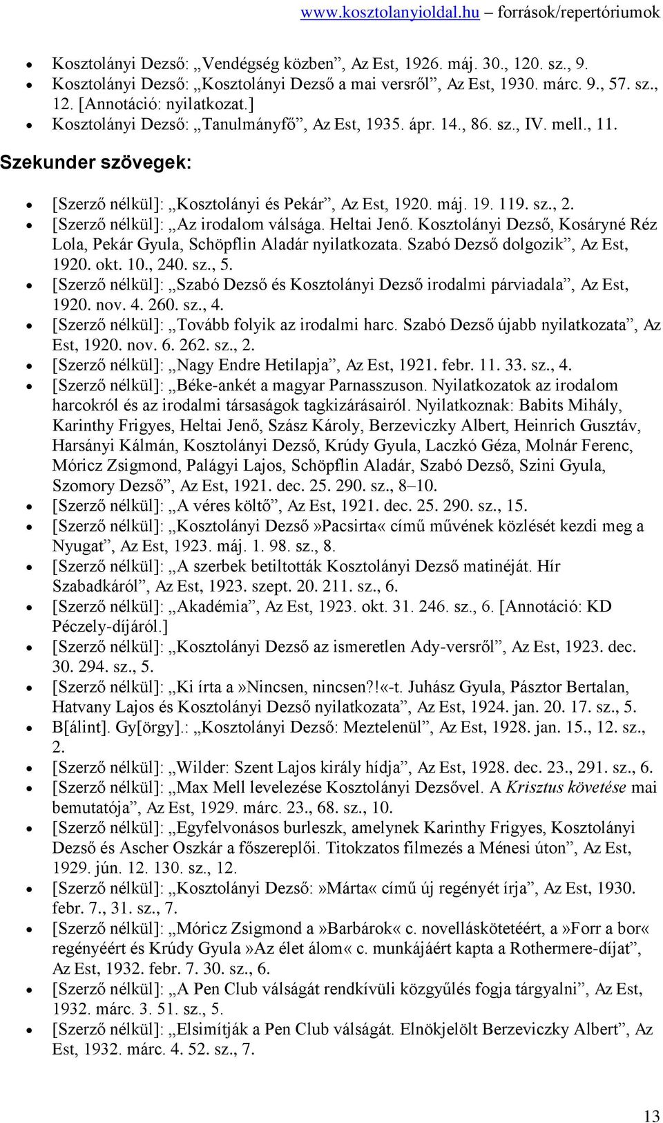 Heltai Jenő. Kosztolányi Dezső, Kosáryné Réz Lola, Pekár Gyula, Schöpflin Aladár nyilatkozata. Szabó Dezső dolgozik, Az Est, 1920. okt. 10., 240. sz., 5.