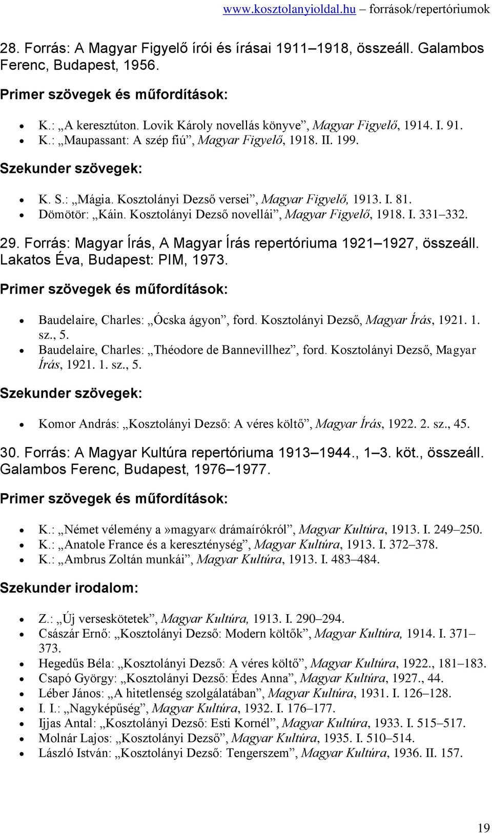 Forrás: Magyar Írás, A Magyar Írás repertóriuma 1921 1927, összeáll. Lakatos Éva, Budapest: PIM, 1973. Baudelaire, Charles: Ócska ágyon, ford. Kosztolányi Dezső, Magyar Írás, 1921. 1. sz., 5.