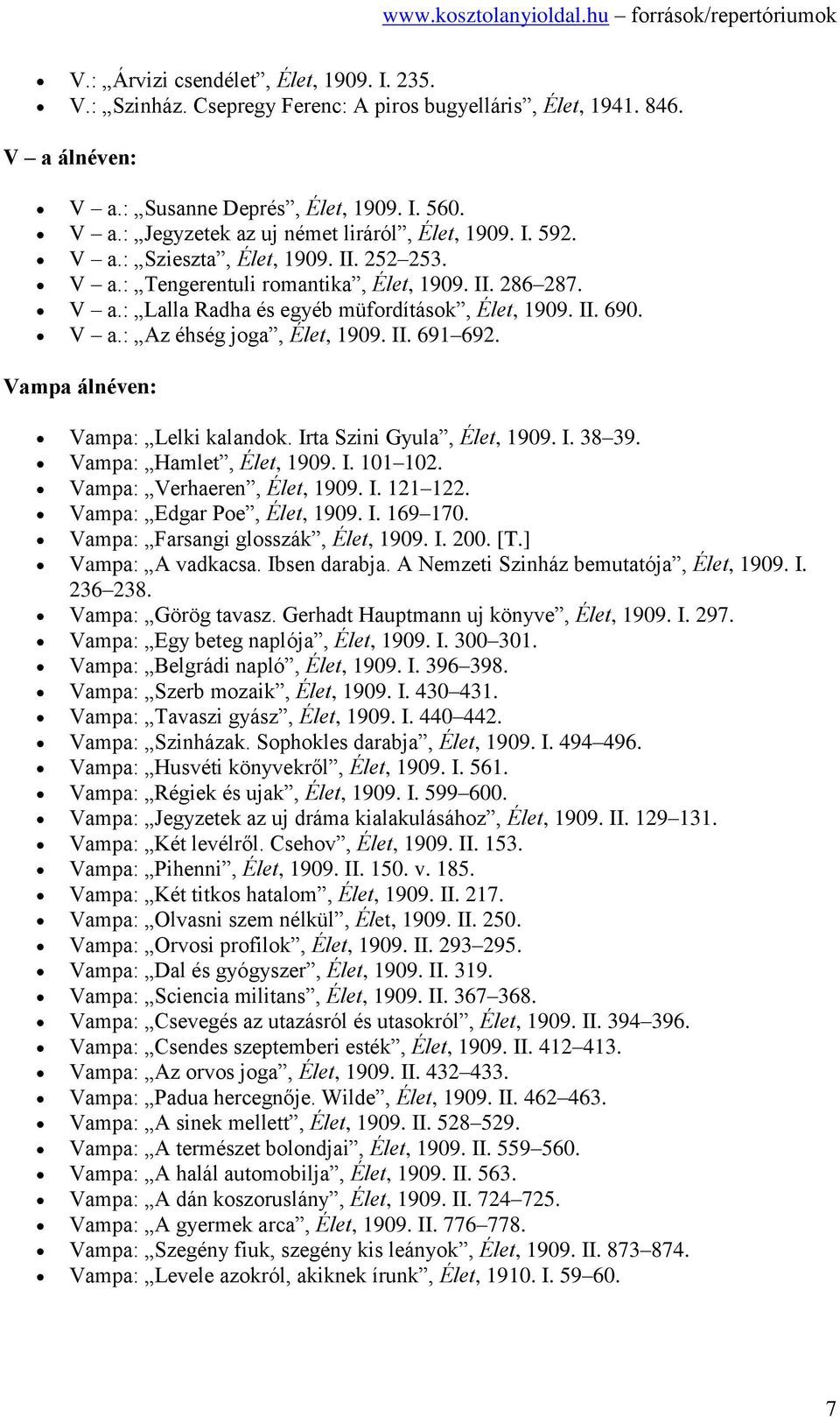 II. 691 692. Vampa álnéven: Vampa: Lelki kalandok. Irta Szini Gyula, Élet, 1909. I. 38 39. Vampa: Hamlet, Élet, 1909. I. 101 102. Vampa: Verhaeren, Élet, 1909. I. 121 122.