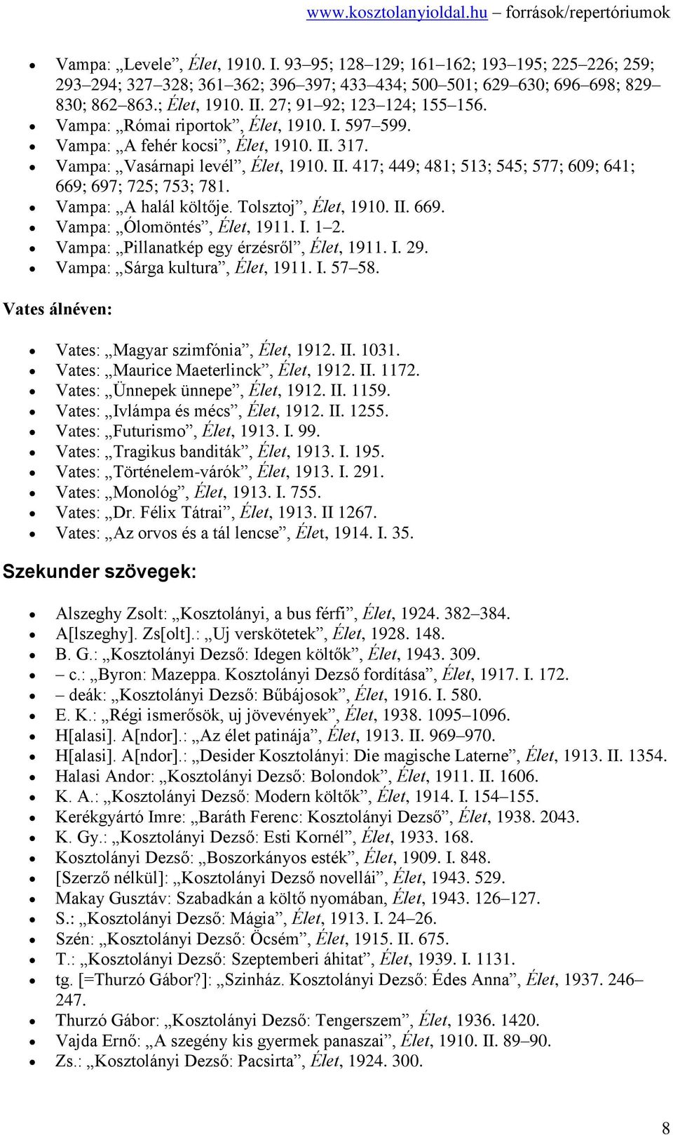 Vampa: A halál költője. Tolsztoj, Élet, 1910. II. 669. Vampa: Ólomöntés, Élet, 1911. I. 1 2. Vampa: Pillanatkép egy érzésről, Élet, 1911. I. 29. Vampa: Sárga kultura, Élet, 1911. I. 57 58.