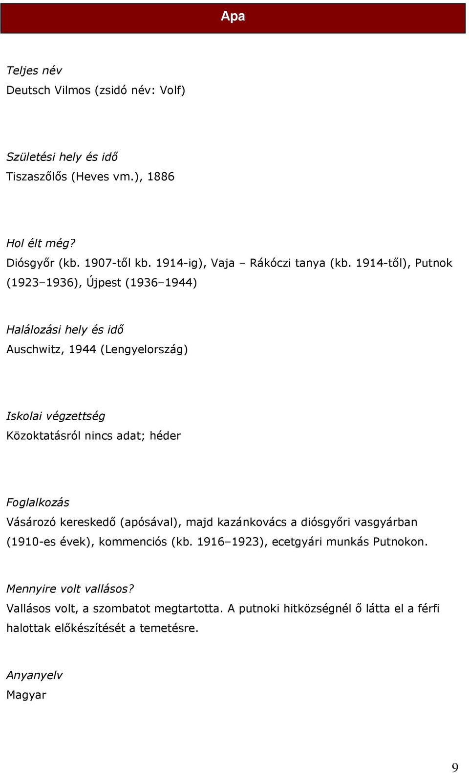 1914-től), Putnok (1923 1936), Újpest (1936 1944) Halálozási hely és idő Auschwitz, 1944 (Lengyelország) Iskolai végzettség Közoktatásról nincs adat; héder
