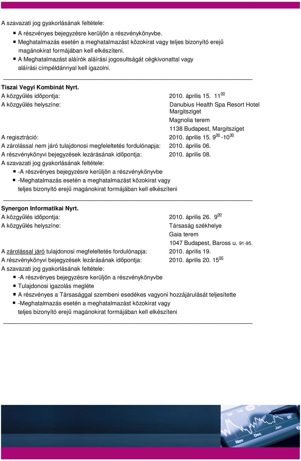 április 06. A részvénykönyvi bejegyzések lezárásának időpontja: 2010. április 08. Synergon Informatikai Nyrt. A közgyűlés időpontja: 2010. április 26.