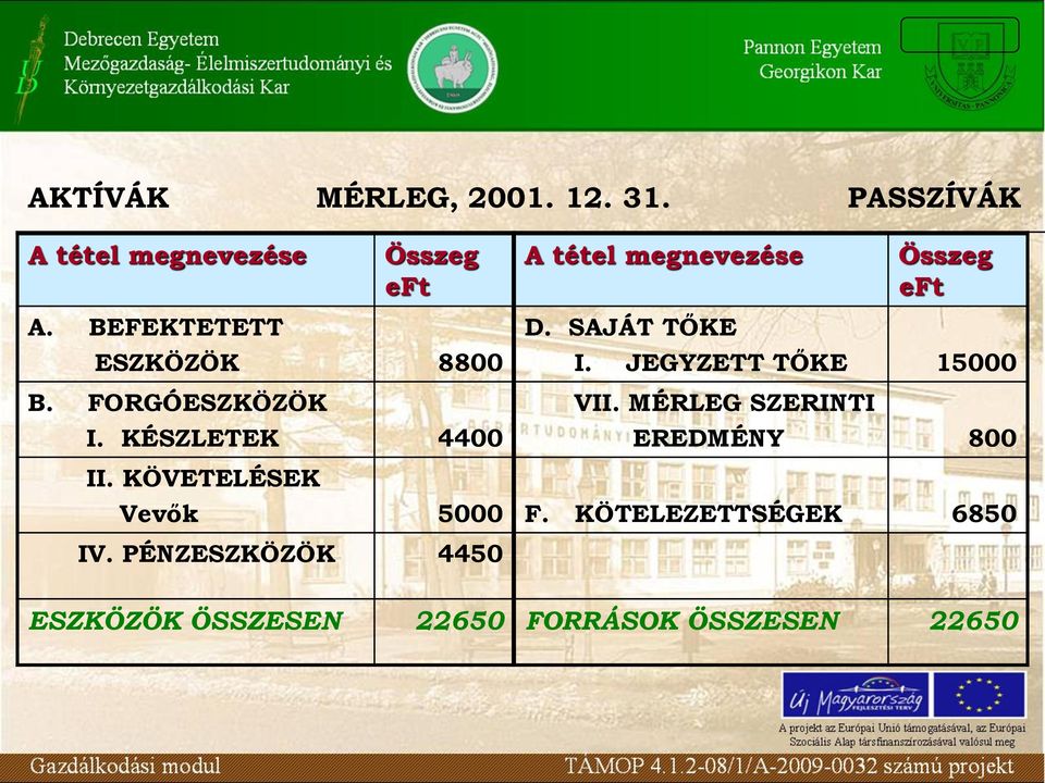 BEFEKTETETT ESZKÖZÖK 8800 B. FORGÓESZKÖZÖK I. KÉSZLETEK 4400 D. SAJÁT TŐKE I.