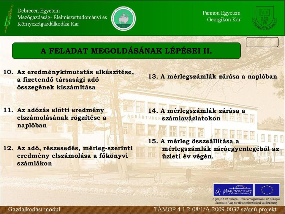 A mérlegszámlák zárása a naplóban 11. Az adózás előtti eredmény elszámolásának rögzítése a naplóban 12.