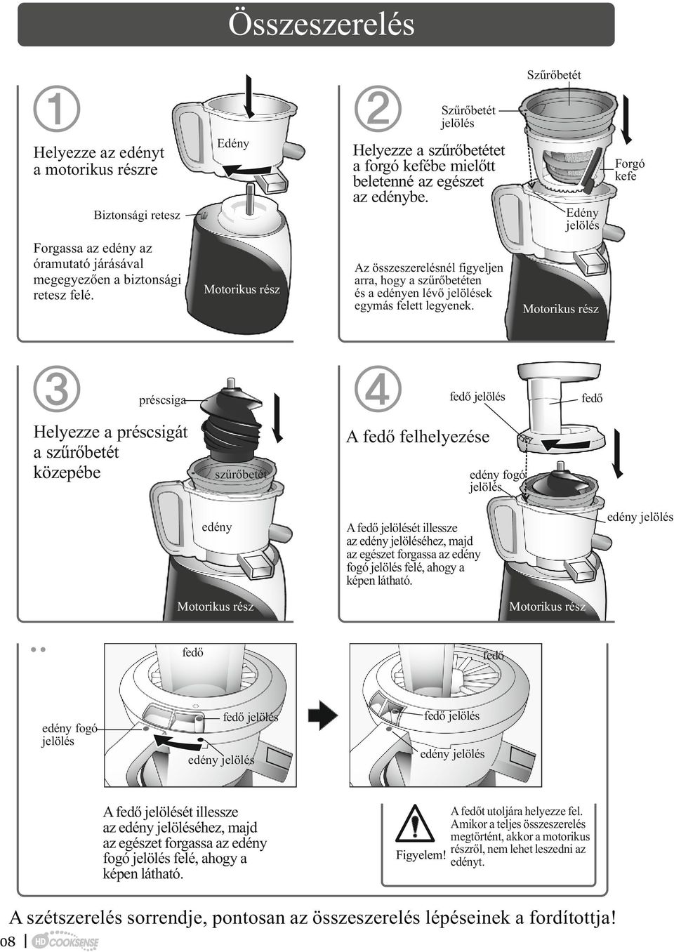 Motorikus rész Az összeszerelésnél figyeljen arra, hogy a szűrőbetéten és a edényen lévő jelölések egymás felett legyenek.