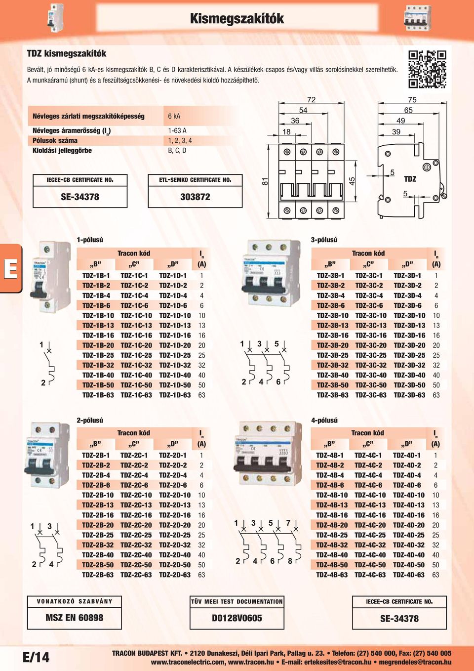 Névleges zárlati megszakítóképesség 6 ka Névleges áramerősség ( 1-63 A Pólusok száma 1, 2, 3, 4 B, C, D SE-34378 ETL-SEMKO CERTIFICATE NO.