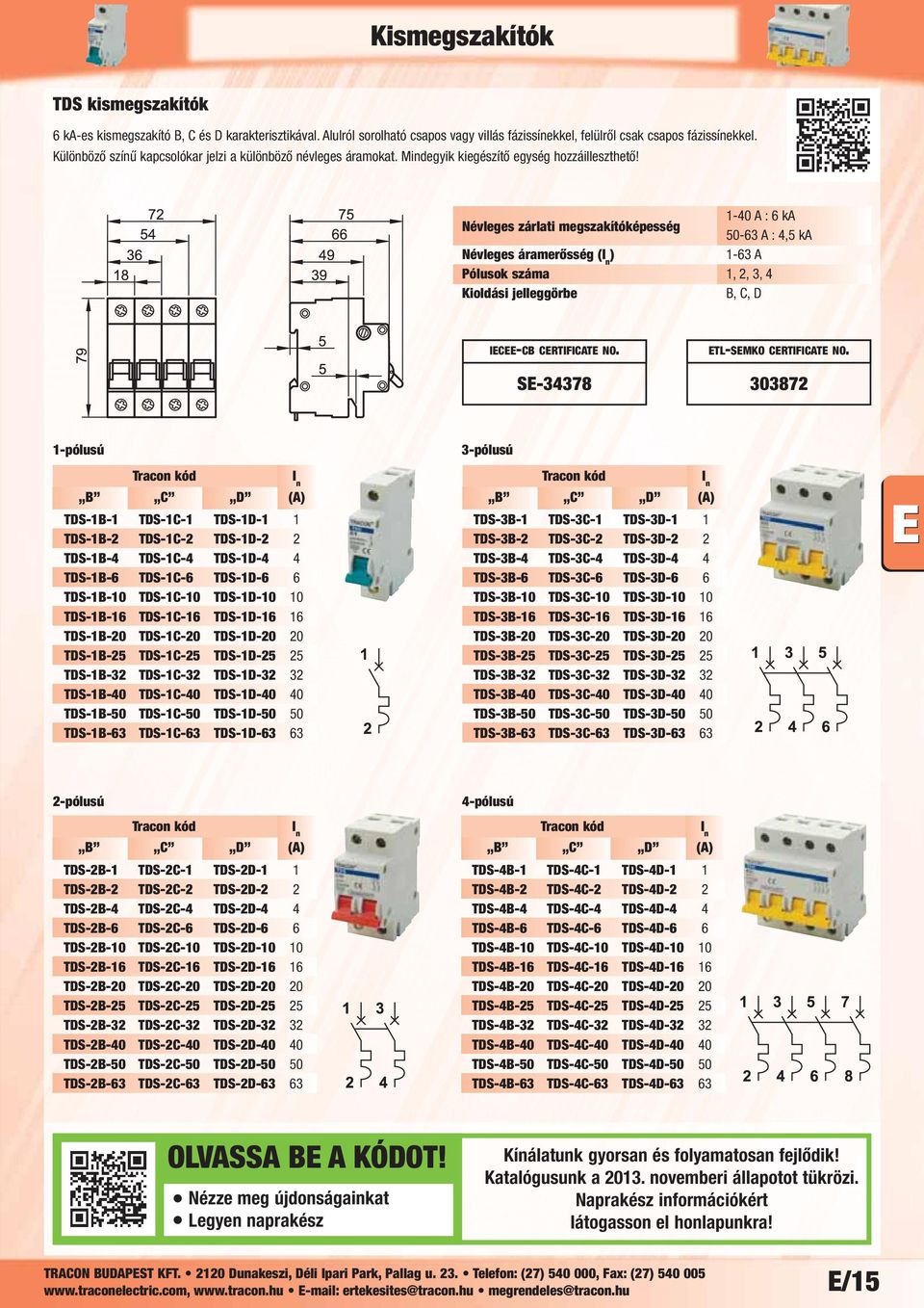 Névleges zárlati megszakítóképesség 1-40 A : 6 ka 50-63 A : 4,5 ka Névleges áramerősség ( 1-63 A Pólusok száma 1, 2, 3, 4 B, C, D SE-34378 ETL-SEMKO CERTIFICATE NO.