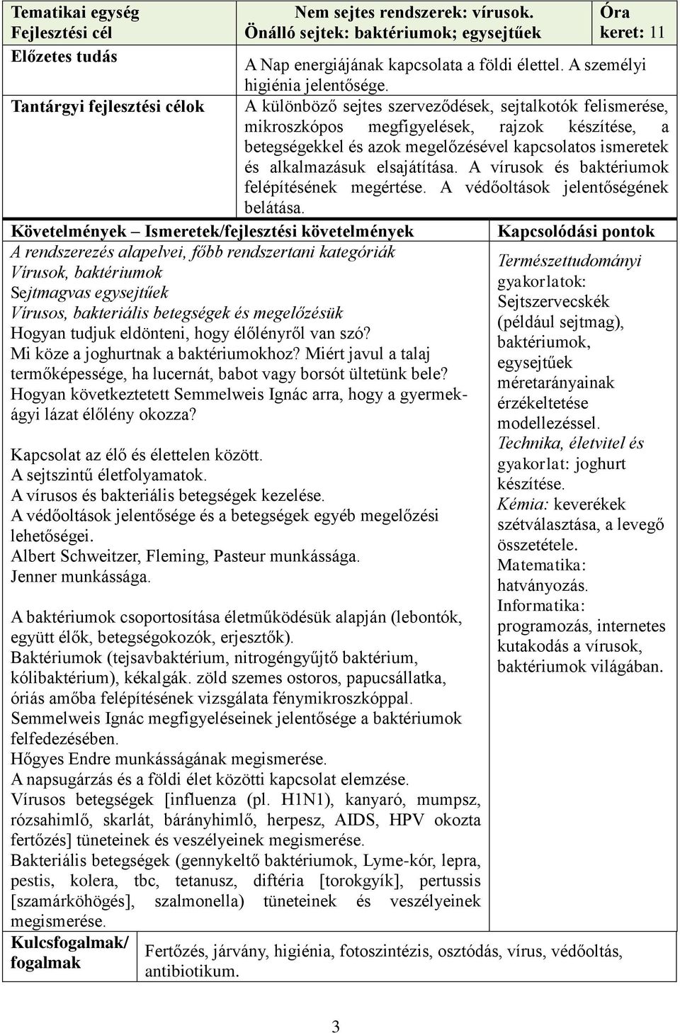 Tantárgyi fejlesztési célok A különböző sejtes szerveződések, sejtalkotók felismerése, mikroszkópos megfigyelések, rajzok készítése, a betegségekkel és azok megelőzésével kapcsolatos ismeretek és