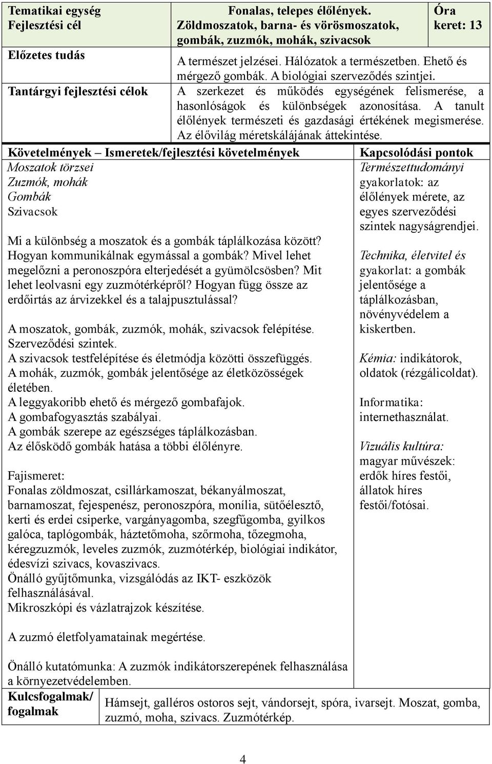 Tantárgyi fejlesztési célok A szerkezet és működés egységének felismerése, a hasonlóságok és különbségek azonosítása. A tanult élőlények természeti és gazdasági értékének megismerése.