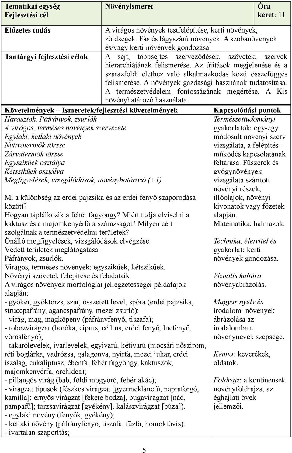 növényhatározó (+1) A virágos növények testfelépítése, kerti növények, zöldségek. Fás és lágyszárú növények. A szobanövények és/vagy kerti növények gondozása.