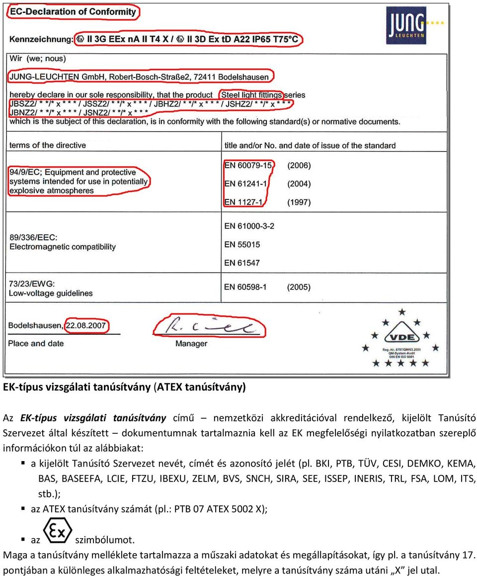 BKI, PTB, TÜV, CESI, DEMKO, KEMA, BAS, BASEEFA, LCIE, FTZU, IBEXU, ZELM, BVS, SNCH, SIRA, SEE, ISSEP, INERIS, TRL, FSA, LOM, ITS, stb.); az ATEX számát (pl.