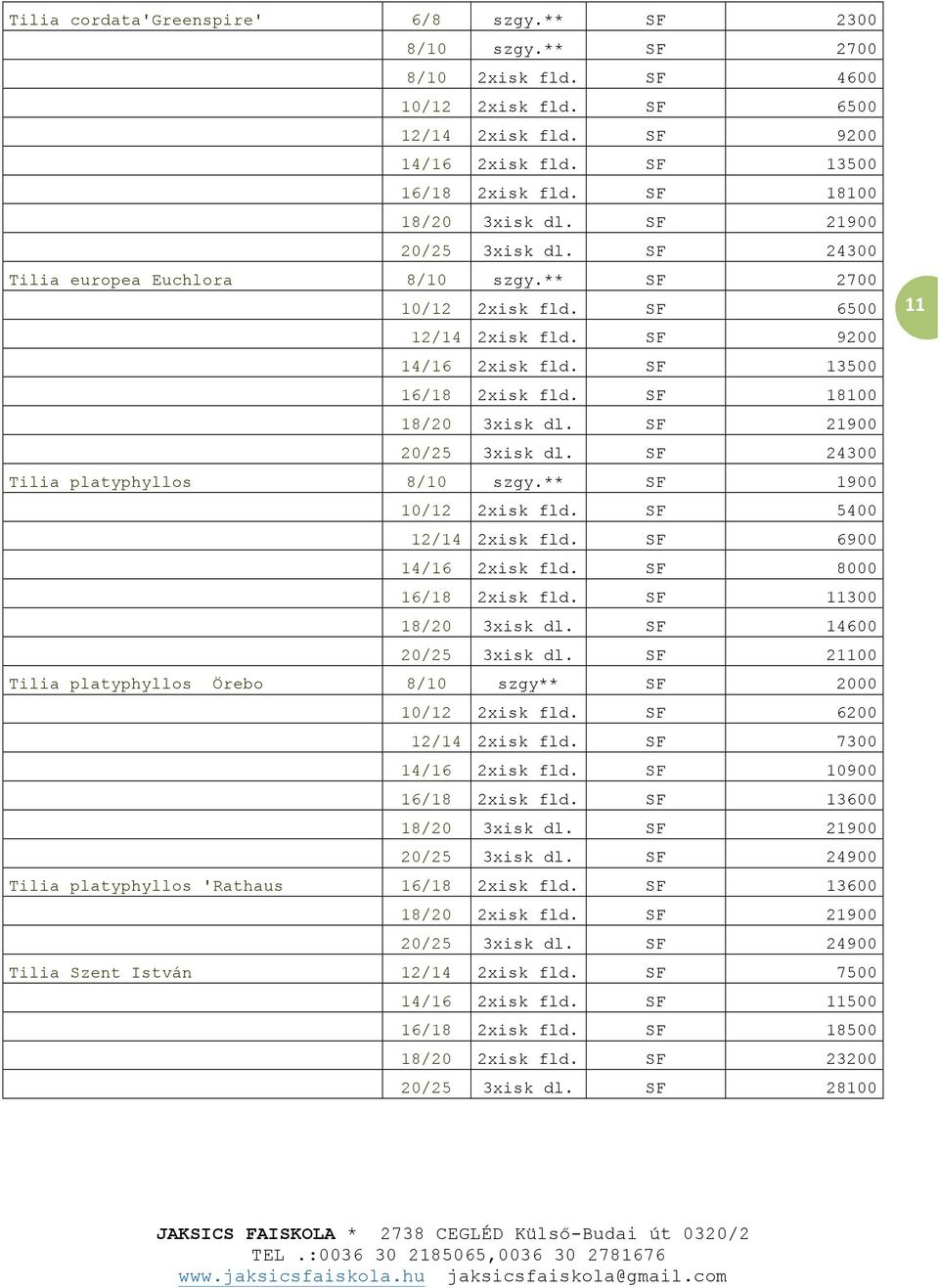 SF 18100 18/20 3xisk dl. SF 21900 20/25 3xisk dl. SF 24300 Tilia platyphyllos 8/10 szgy.** SF 1900 10/12 2xisk fld. SF 5400 12/14 2xisk fld. SF 6900 14/16 2xisk fld. SF 8000 16/18 2xisk fld.