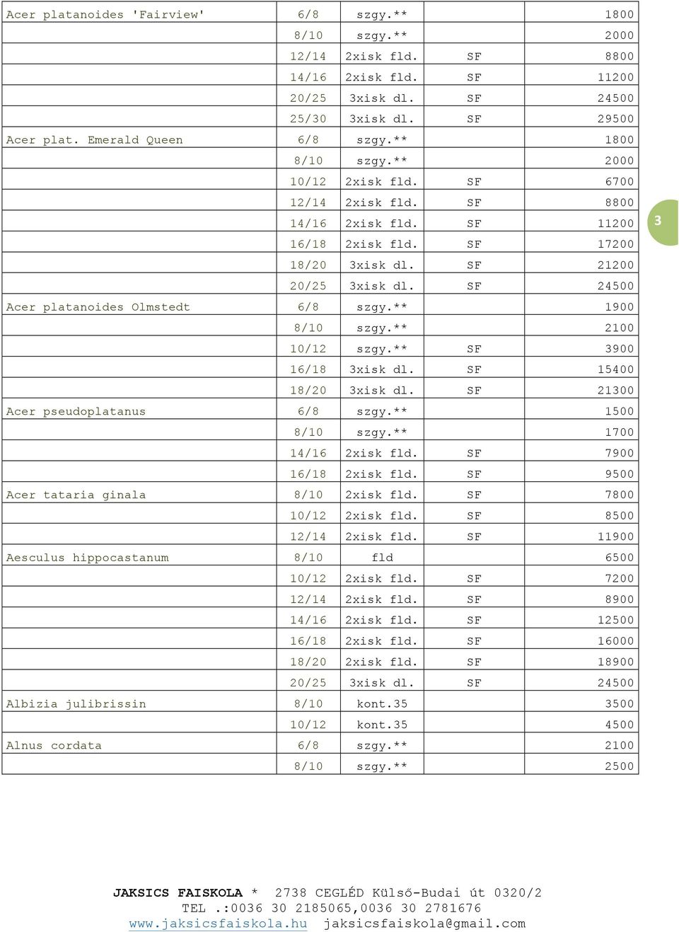 SF 24500 Acer platanoides Olmstedt 6/8 szgy.** 1900 8/10 szgy.** 2100 10/12 szgy.** SF 3900 16/18 3xisk dl. SF 15400 18/20 3xisk dl. SF 21300 Acer pseudoplatanus 6/8 szgy.** 1500 8/10 szgy.