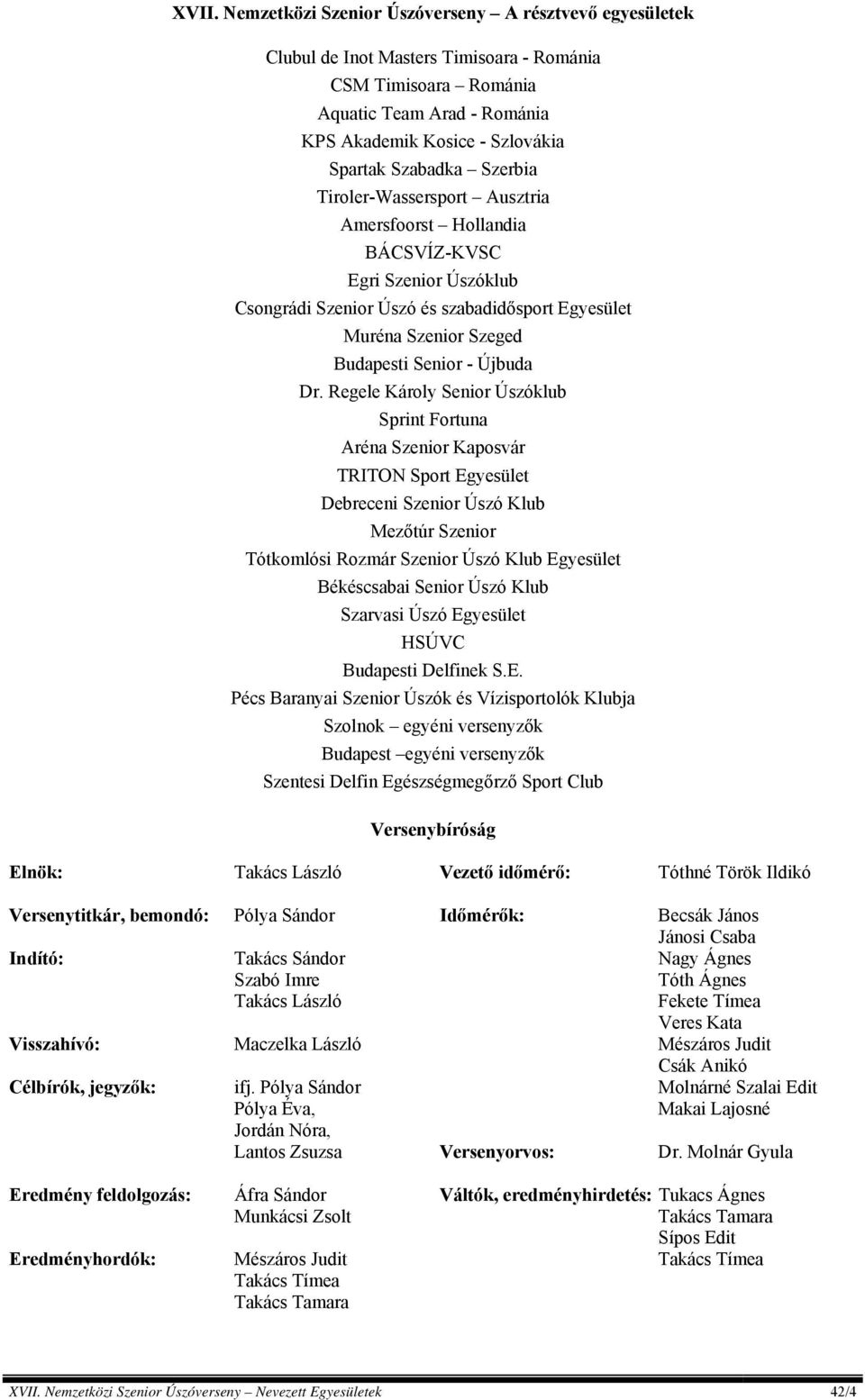 Regele Károly Senior Úszóklub Sprint Fortuna Aréna Szenior Kaposvár TRITON Sport Egyesület Debreceni Szenior Úszó Klub Mezőtúr Szenior Tótkomlósi Rozmár Szenior Úszó Klub Egyesület Békéscsabai Senior
