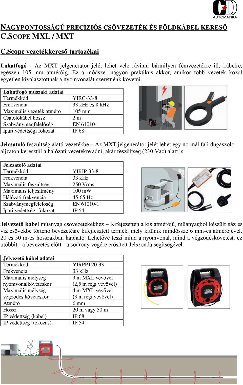 Lakatfogó műszaki adatai YIRC-33-8 33 khz és 8 khz Maximális vezeték átmérő 105 mm Csatolókábel hossz 2 m Szabványmegfelelőség EN 61010-1 Ipari védettségi fokozat IP 68 Jelcsatoló feszültség alatti