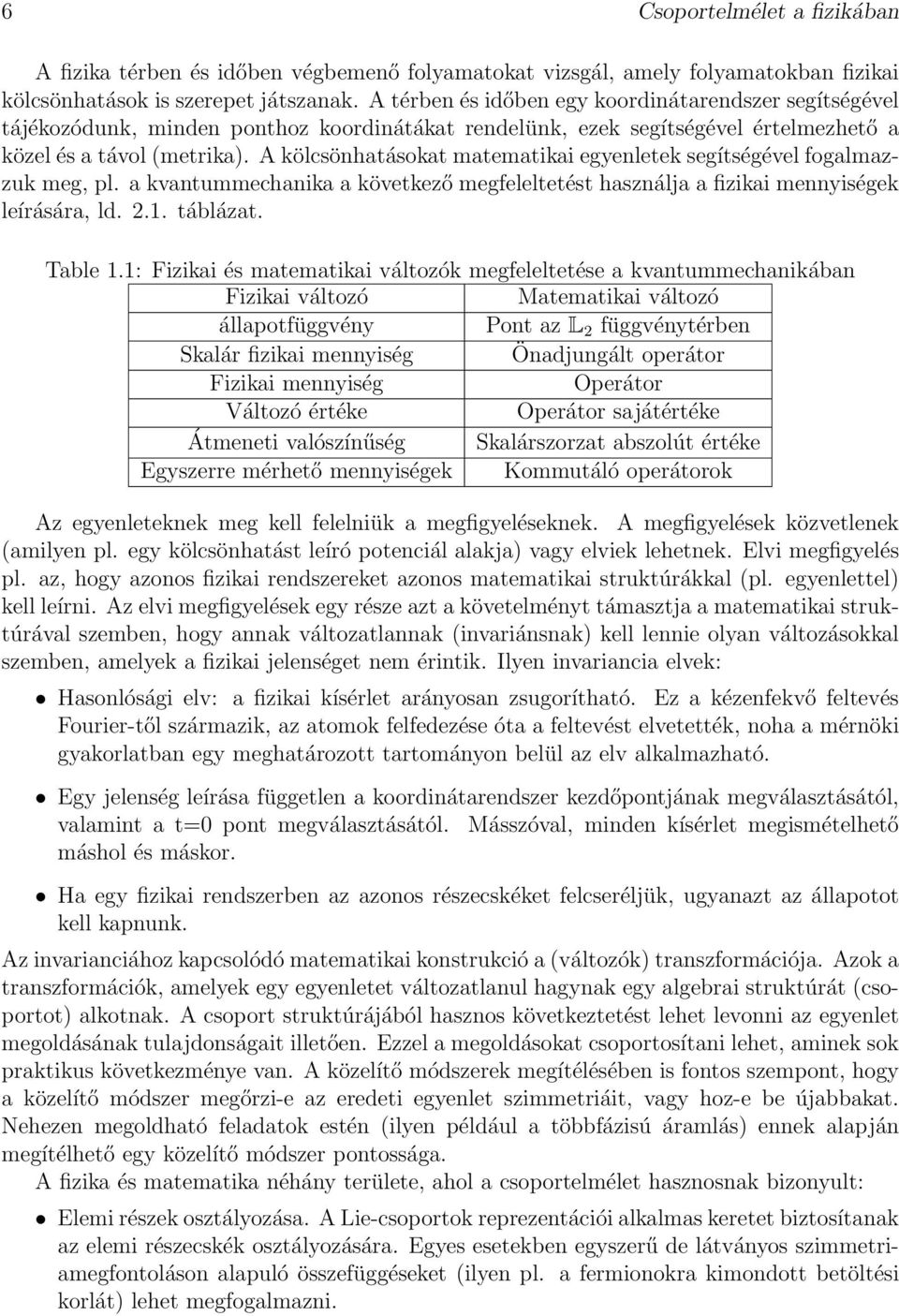 A kölcsönhatásokat matematikai egyenletek segítségével fogalmazzuk meg, pl. a kvantummechanika a következő megfeleltetést használja a fizikai mennyiségek leírására, ld. 2.1. táblázat. Table 1.