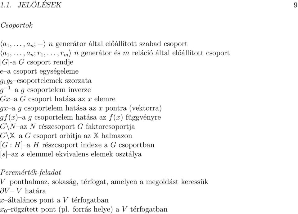 az x elemre gx a g csoportelem hatása az x pontra (vektorra) gf(x) a g csoportelem hatása az f(x) függvényre G\N az N részcsoport G faktorcsoportja G\X a G csoport orbitja az X halmazon