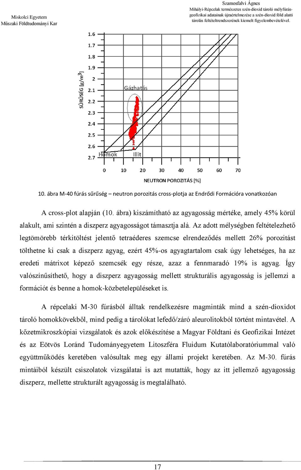 Az adott mélységben feltételezhető legtömörebb térkitöltést jelentő tetraéderes szemcse elrendeződés mellett 26% porozitást tölthetne ki csak a diszperz agyag, ezért 45%-os agyagtartalom csak úgy