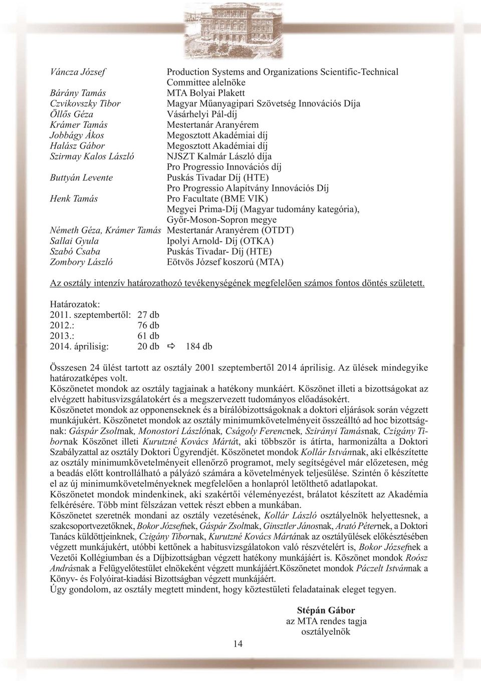 Innovációs díj Buttyán Levente Puskás Tivadar Díj (HTE) Pro Progressio Alapítvány Innovációs Díj Henk Tamás Pro Facultate (BME VIK) Megyei Prima-Díj (Magyar tudomány kategória), Győr-Moson-Sopron