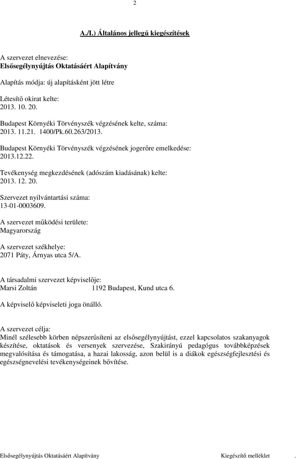 Tevékenység megkezdésének (adószám kiadásának) kelte: 2013. 12. 20. Szervezet nyilvántartási száma: 13-01-0003609.