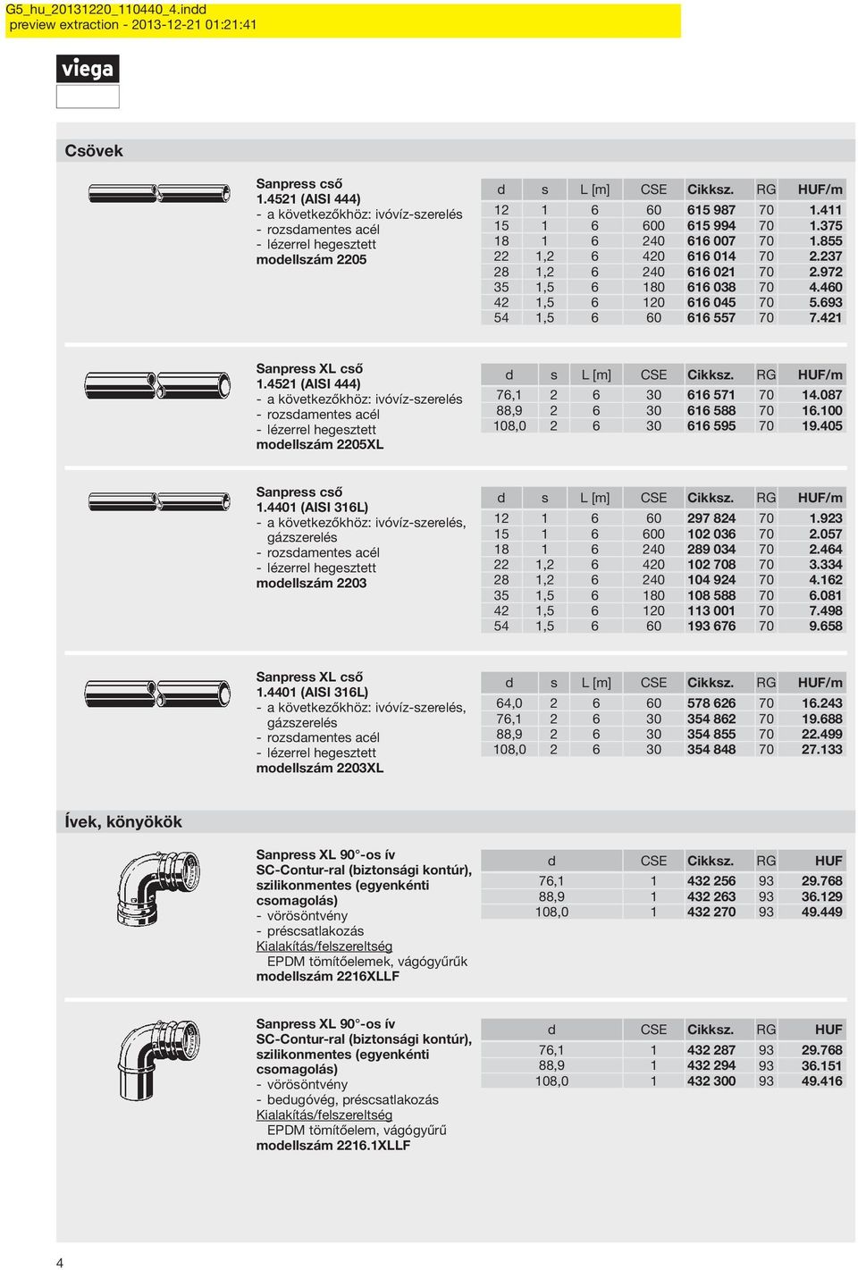 693 54 1,5 6 60 616 557 70 7.421 Sanpress XL cső 1.4521 (AISI 444) a következőkhöz: ivóvíz-szerelés rozsdamentes acél lézerrel hegesztett modellszám 2205XL d s L [m] CSE Cikksz.