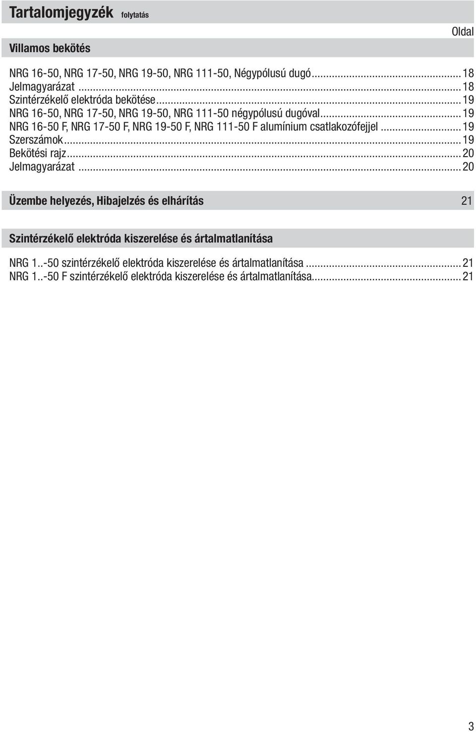 ..19 NRG 16-50 F, NRG 17-50 F, NRG 19-50 F, NRG 111-50 F alumínium csatlakozófejjel...19 Szerszámok...19 Bekötési rajz...20 Jelmagyarázat.