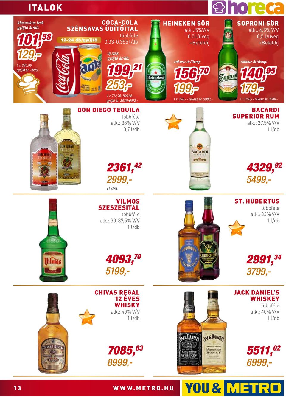 : 4,5% V/V 0,5 l/üveg +Betétdíj rekesz ár/üveg: 140, 95 179,- 1 l: 358,- / rekesz ár: 3580,- don diego tequila többféle alk.: 38% V/V 0,7 l/db Bacardi Superior rum alk.