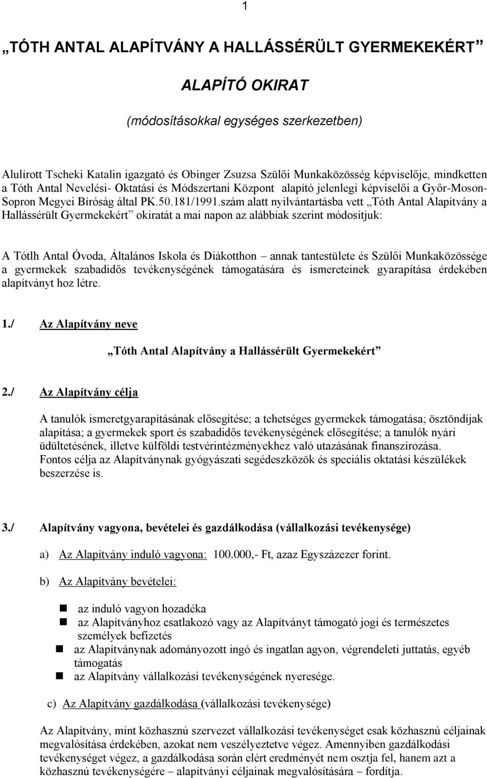 szám alatt nyilvántartásba vett Tóth Antal Alapítvány a Hallássérült Gyermekekért okiratát a mai napon az alábbiak szerint módosítjuk: A Tótlh Antal Óvoda, Általános Iskola és Diákotthon annak