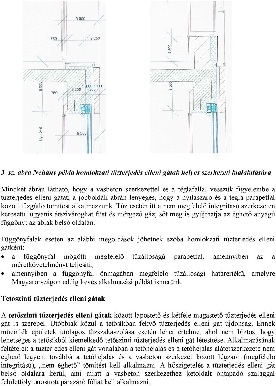 gátat; a jobboldali ábrán lényeges, hogy a nyílászáró és a tégla parapetfal között tűzgátló tömítést alkalmazzunk.