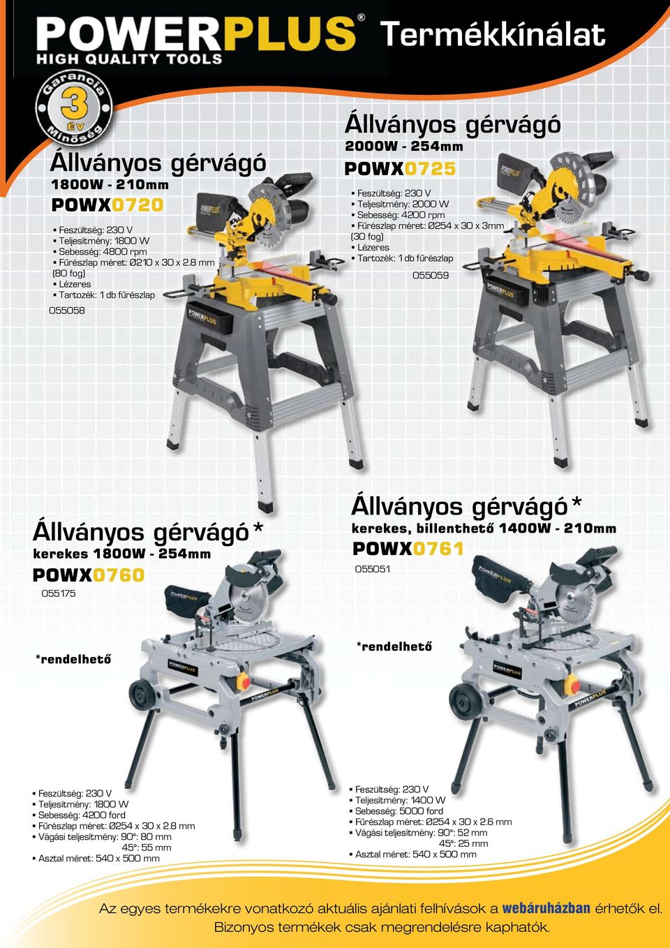 Tartozék: 1 db fűrészlap 055059 Állványos gérvágó* kerekes 1800W - 254mm POWX0760 055175 Állványos gérvágó* kerekes, billenthető 1400W - 210mm POWX0761 055051 Teljesítmény: 1800 W