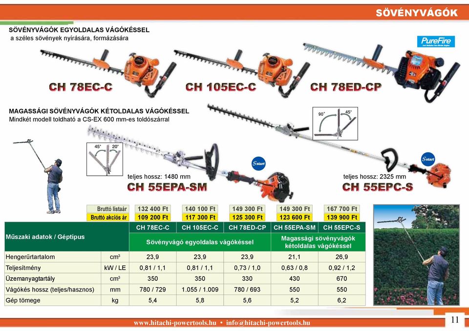 78ED-CP CH 55EPA-SM CH 55EPC-S Sövényvágó egyoldalas vágókéssel Magassági sövényvágók kétoldalas vágókéssel Hengerűrtartalom cm 3 23,9 23,9 23,9 21,1 26,9 Teljesítmény kw / LE 0,81 / 1,1 0,81 / 1,1