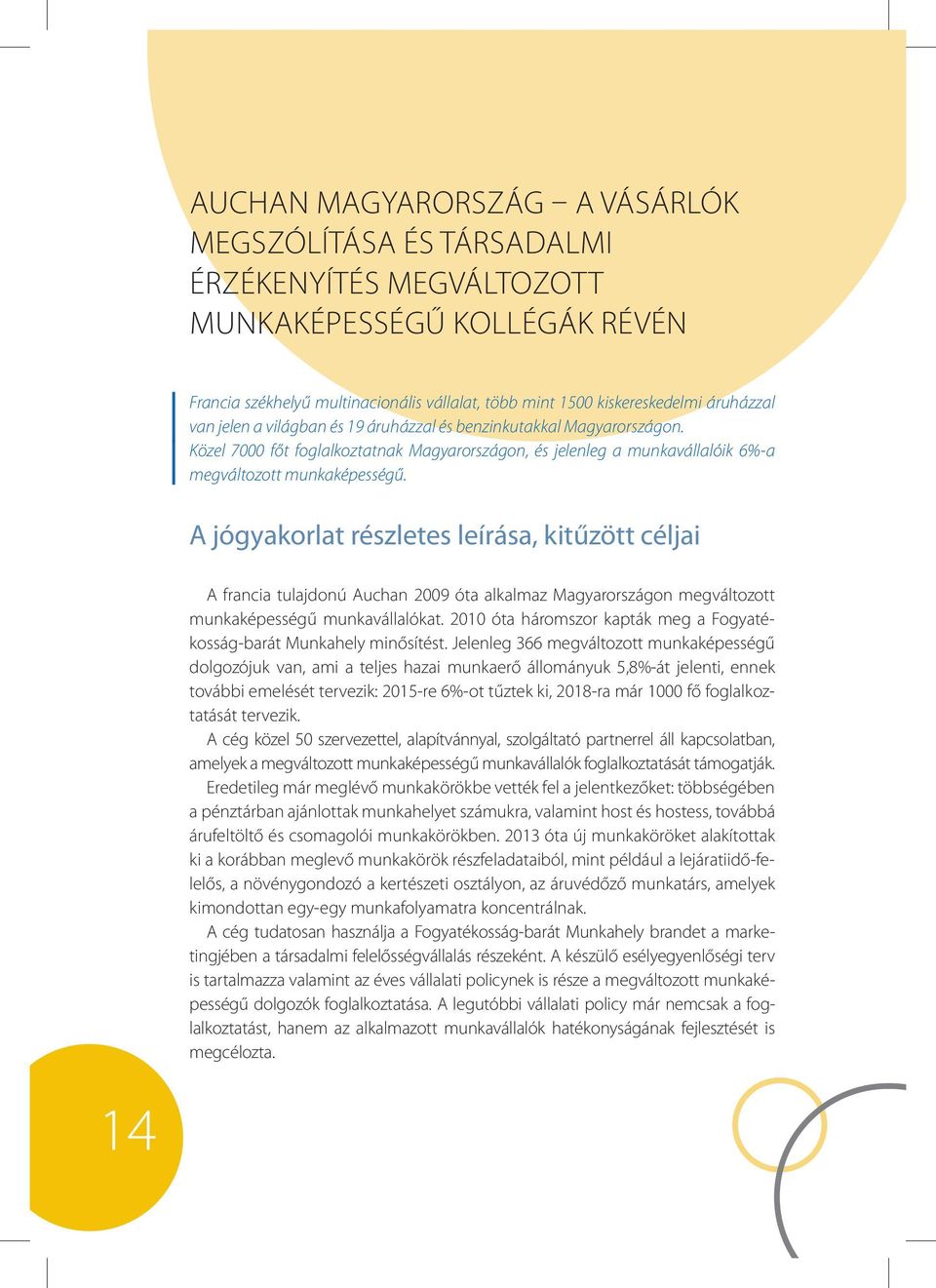 A jógyakorlat részletes leírása, kitűzött céljai A francia tulajdonú Auchan 2009 óta alkalmaz Magyarországon megváltozott munkaképességű munkavállalókat.
