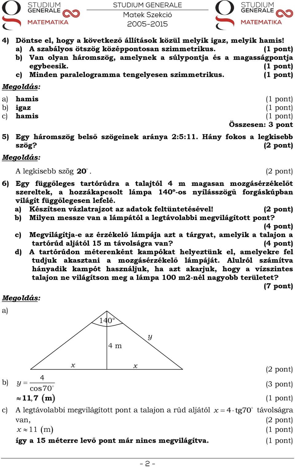 ( pont) 6) Egy függőleges trtórúdr tljtól 4 m mgsn mozgásérzékelőt szereltek, hozzákpcsolt lámp 140º-os nyílásszögű forgáskúpbn világít függőlegesen lefelé.