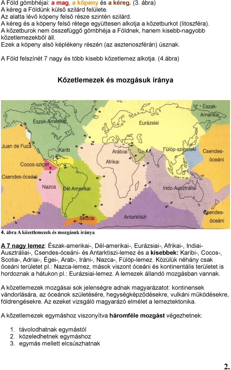 Ezek a köpeny alsó képlékeny részén (az asztenoszférán) úsznak. A Föld felszínét 7 nagy és több kisebb kőzetlemez alkotja. (4.ábra) Kőzetlemezek és mozgásuk iránya 4.