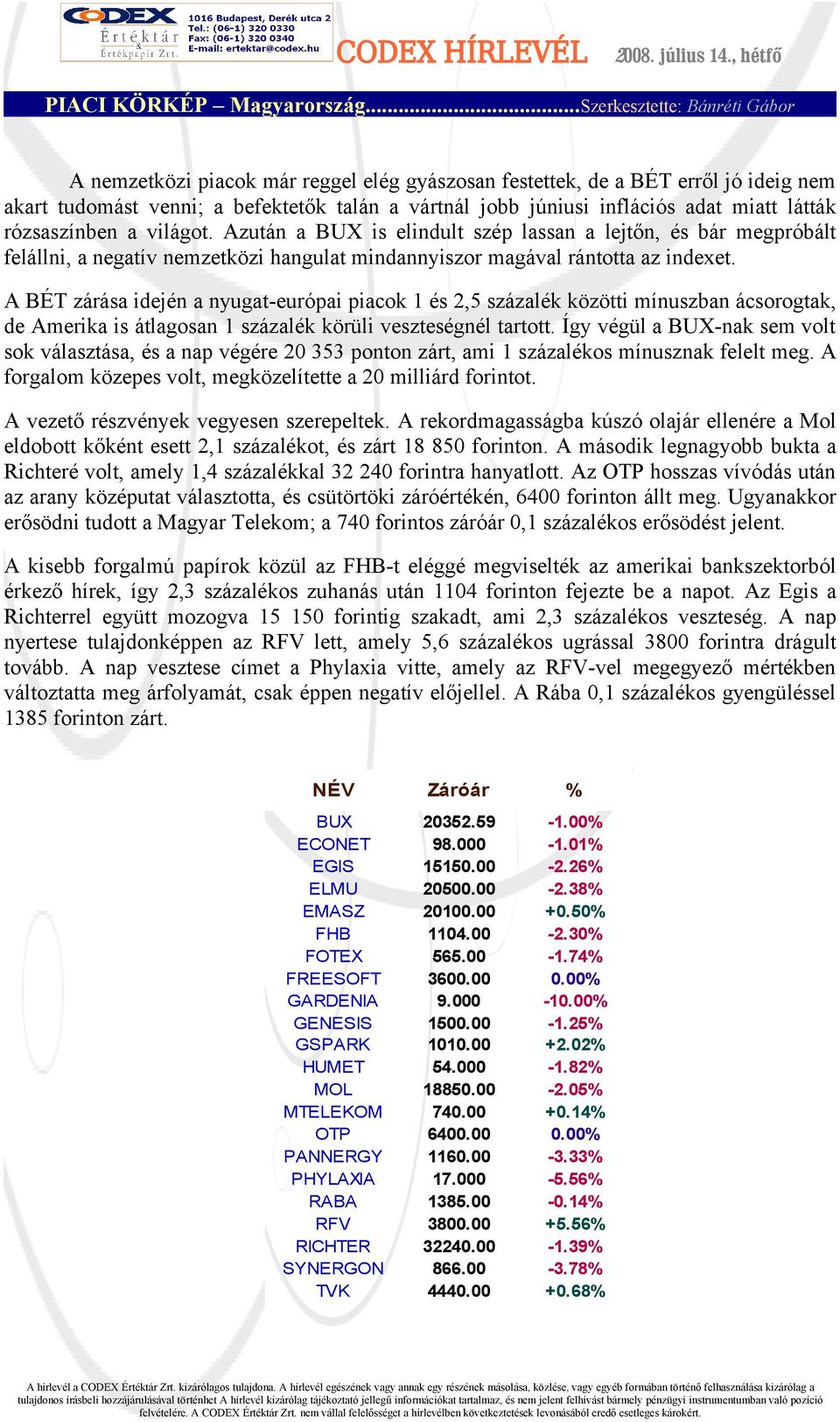 miatt látták rózsaszínben a világot. Azután a BUX is elindult szép lassan a lejtőn, és bár megpróbált felállni, a negatív nemzetközi hangulat mindannyiszor magával rántotta az indexet.