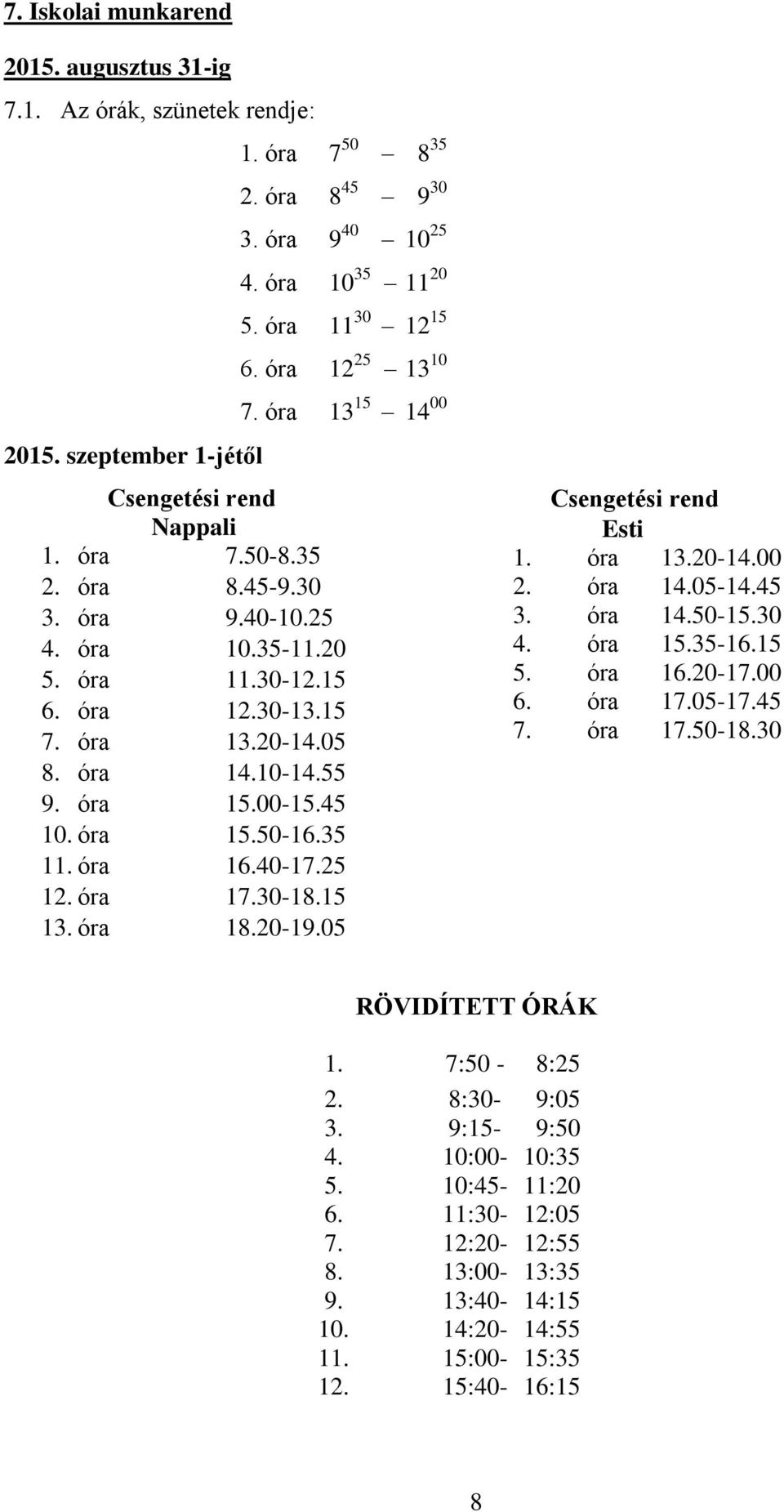 10-14.55 9. óra 15.00-15.45 10. óra 15.50-16.35 11. óra 16.40-17.25 12. óra 17.30-18.15 13. óra 18.20-19.05 Csengetési rend Esti 1. óra 13.20-14.00 2. óra 14.05-14.45 3. óra 14.50-15.30 4. óra 15.35-16.