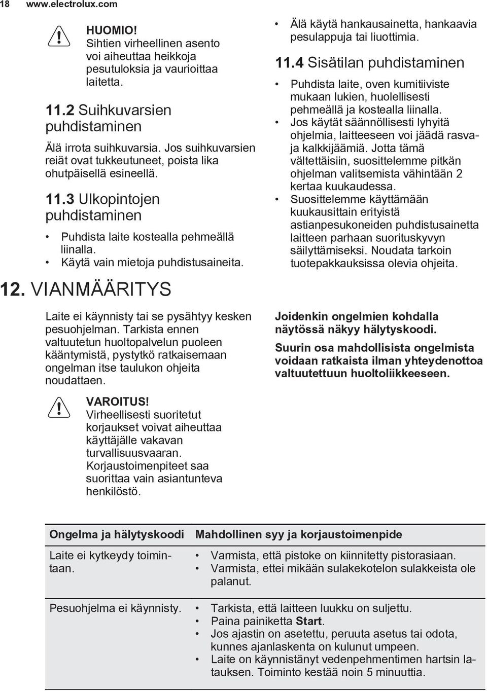 VIANMÄÄRITYS Laite ei käynnisty tai se pysähtyy kesken pesuohjelman. Tarkista ennen valtuutetun huoltopalvelun puoleen kääntymistä, pystytkö ratkaisemaan ongelman itse taulukon ohjeita noudattaen.
