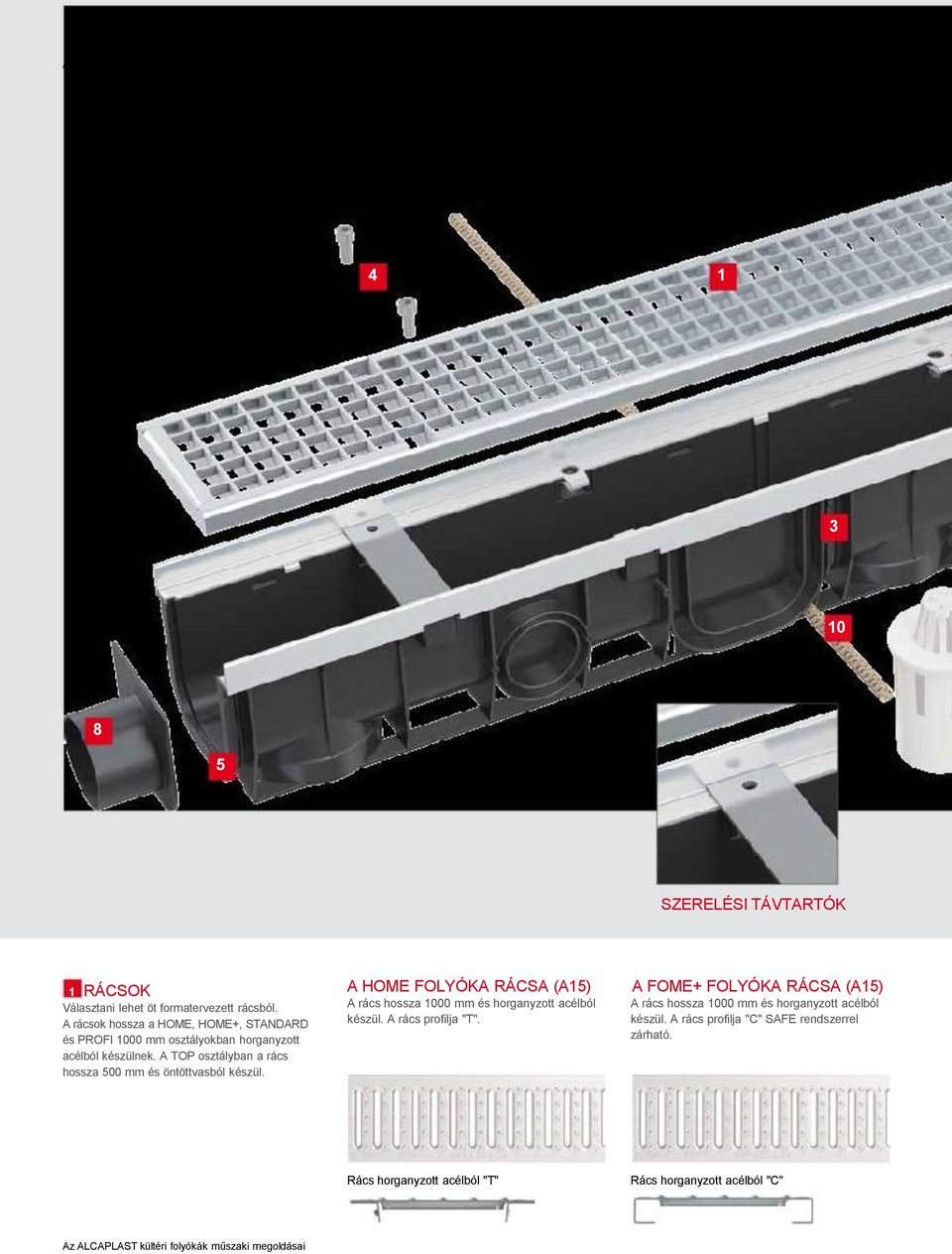 A TOP osztályban a rács hossza 500 mm és öntöttvasból készül. A HOME FOLYÓKA RÁCSA (A15) A rács hossza 1000 mm és horganyzott acélból készül.