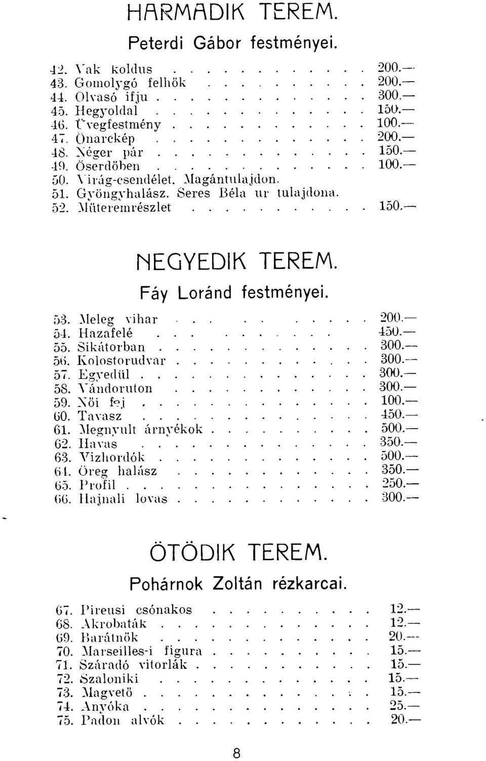 Sikátorban 300. 56. Kolostorudvar 300.- 57. Egyedül 300. 58. Vándorúton 300. 59. Női fej 100. 60. Tavasz 450. 61. Megnyúlt árnyékok 500. 62. Havas.. ' 350. 63. Vizhordók 500. 64. Öreg halász 350. 65.