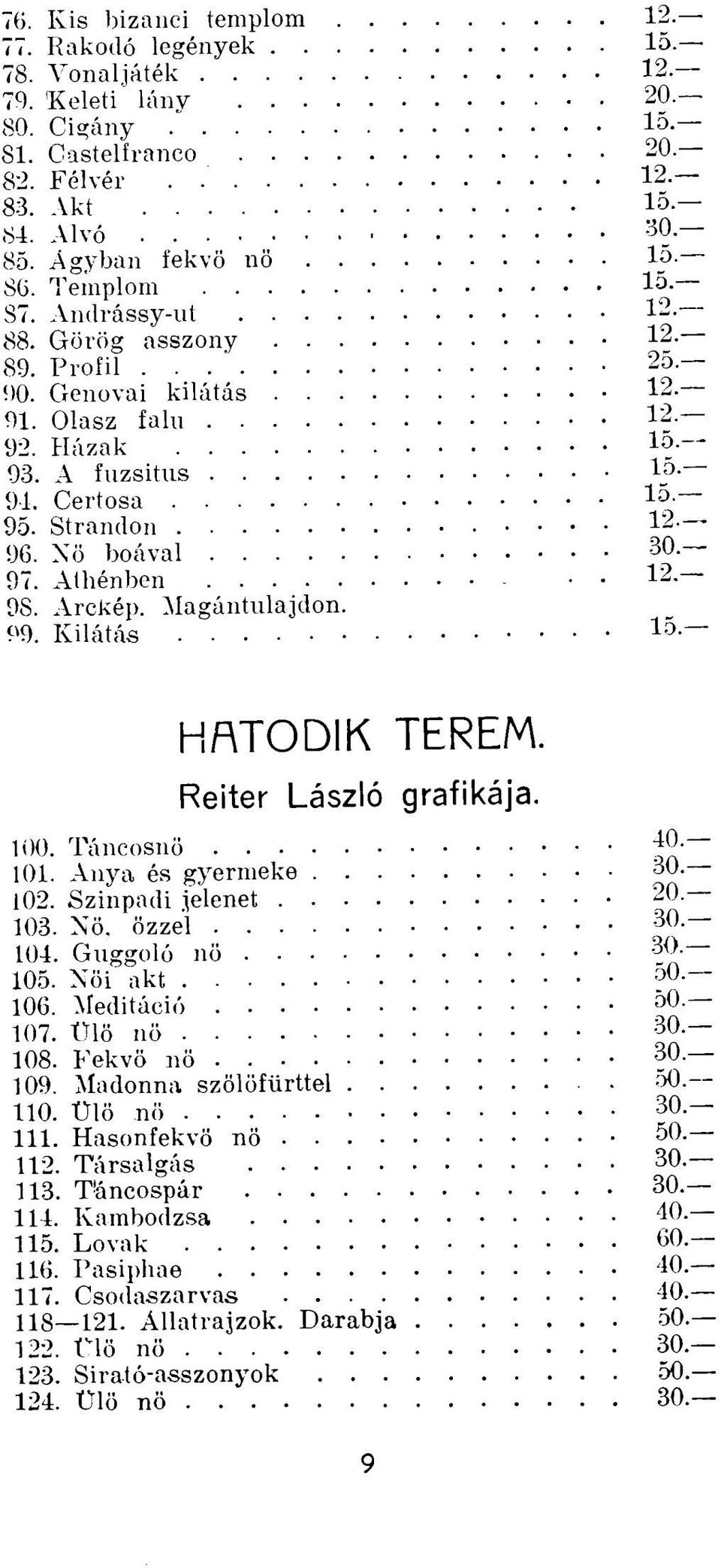 Magántulajdon. 99. Kilátás lo ' hatodik terem. Reiter László grafikája. 100. Táncosnő 40.- 101. Anya és gyermeke 30.- 102. Színpadi jelenet 20.- 103. Nő, őzzel 30.- 104. Guggoló nő 30.- 105.