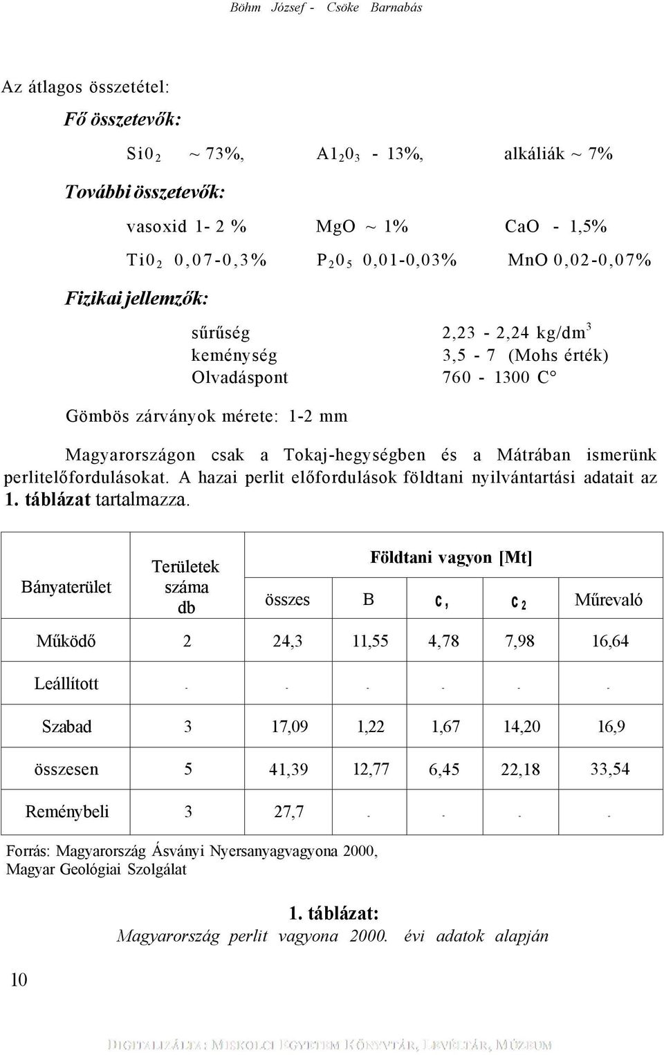 ismerünk perlitelőfordulásokat. A hazai perlit előfordulások földtani nyilvántartási adatait az 1. táblázat tartalmazza.