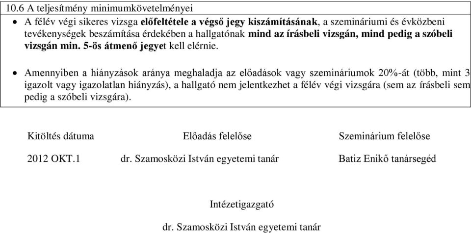 Amennyiben a hiányzások aránya meghaladja az előadások vagy szemináriumok 20%-át (több, mint 3 igazolt vagy igazolatlan hiányzás), a hallgató nem jelentkezhet a félév végi