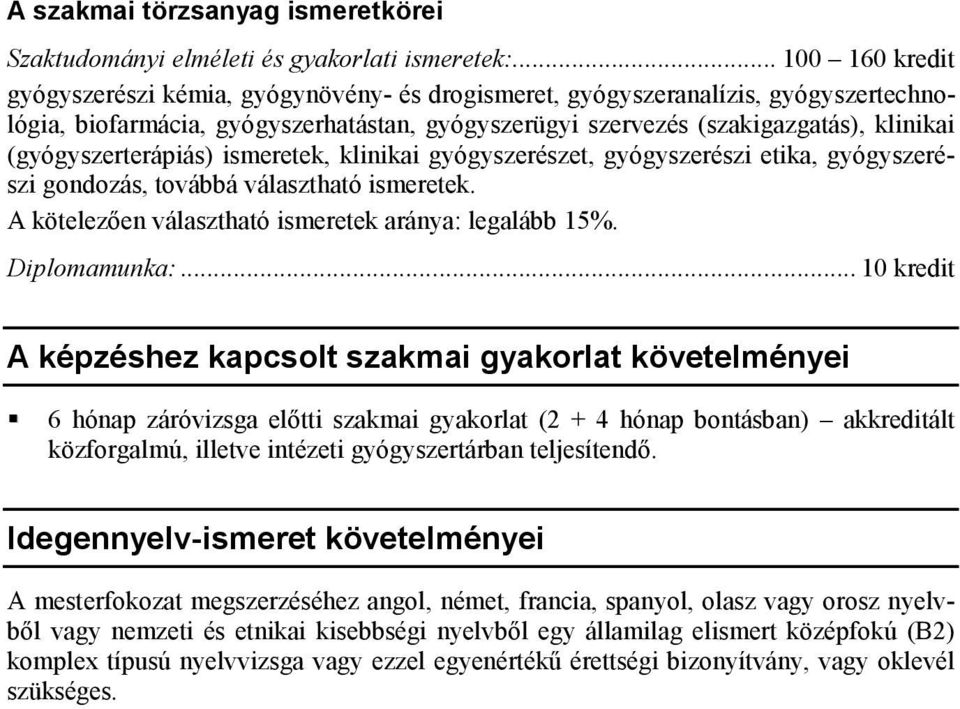 (gyógyszerterápiás) ismeretek, klinikai gyógyszerészet, gyógyszerészi etika, gyógyszerészi gondozás, továbbá választható ismeretek. A kötelezően választható ismeretek aránya: legalább 15%.