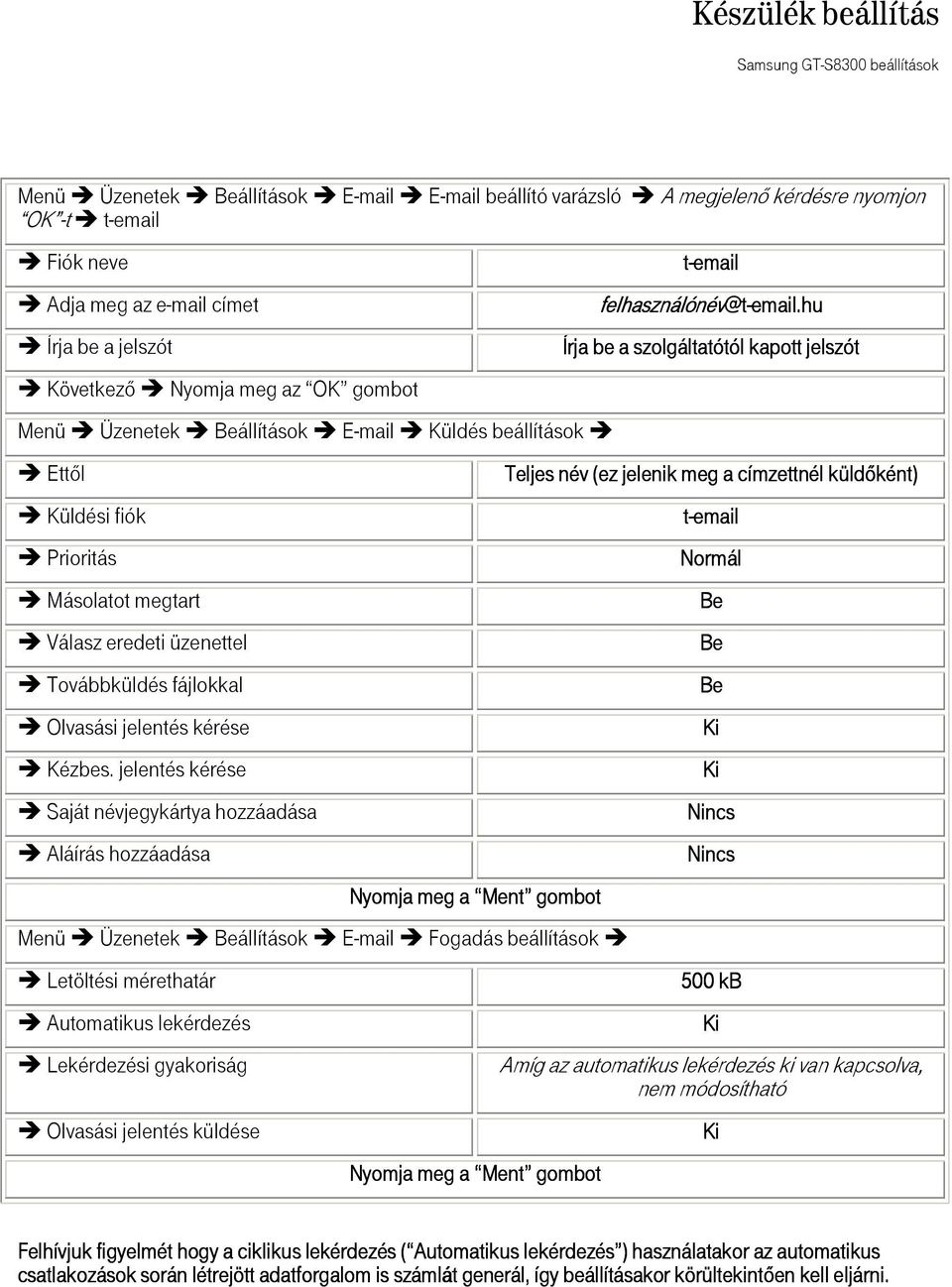 jelentés kérése Saját névjegykártya hozzáadása Aláírás hozzáadása Nyomja meg a Ment Ment gombot Menü Üzenetek állítások E-mail Fogadás beállítások Letöltési mérethatár Automatikus lekérdezés