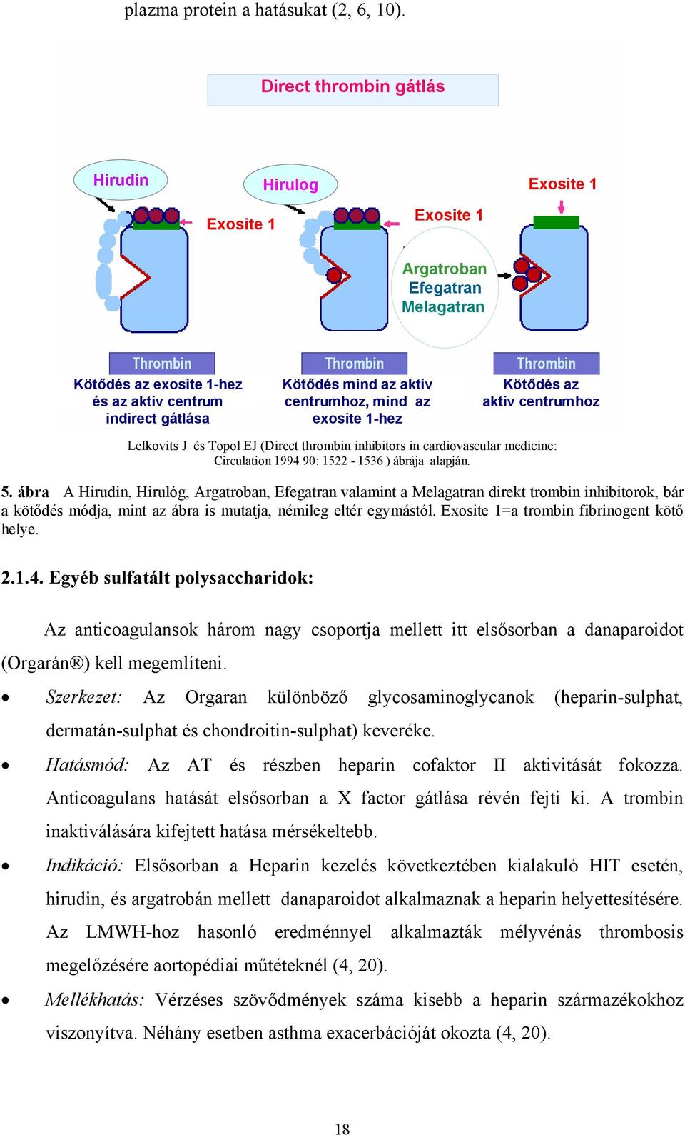 exosite 1-hez és az aktiv centrum indirect gátlása Kötődés az aktiv centrumhoz Lefkovits J és Topol EJ (Direct thrombin inhibitors in cardiovascular medicine: Circulation 1994 90: 1522-1536 ) ábrája