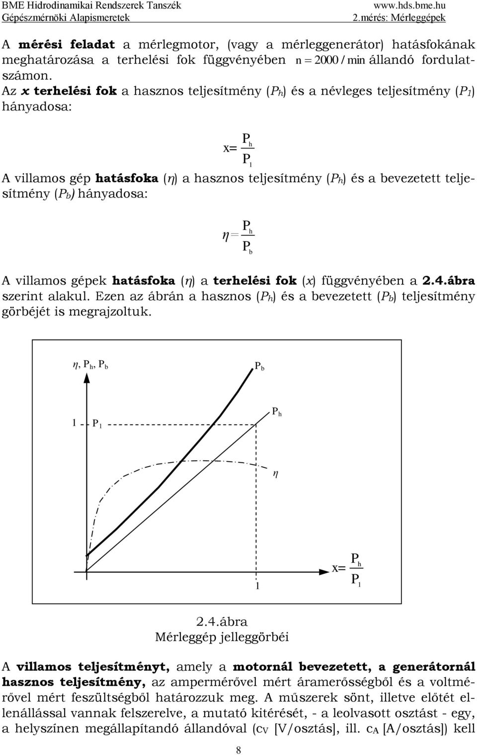terhelési fok (x) függvényében a 24ábra szerint alakul Ezen az ábrán a hasznos (Ph) és a bevezetett (Pb) teljesítmény görbéjét is megrajzoltuk η, P h, P b P b 1 P 1 P h η 1 Ph x= P 1 24ábra Mérleggép